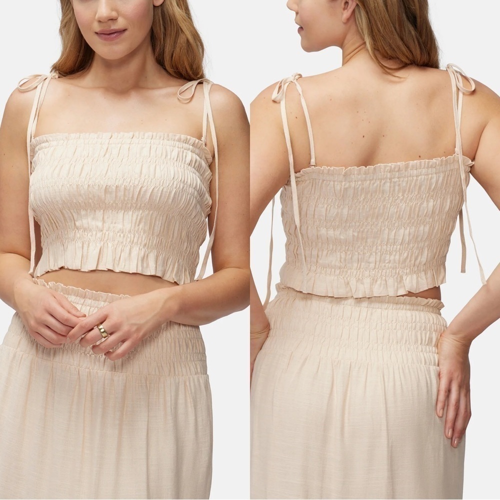 NWT Wildfox Louisa Smocked Crop Top Shifting Sand Nude